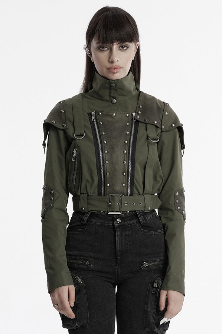 Green Stand Collar Long Sleeves Stitching Faux Leather Women's Gothic Military Jacket