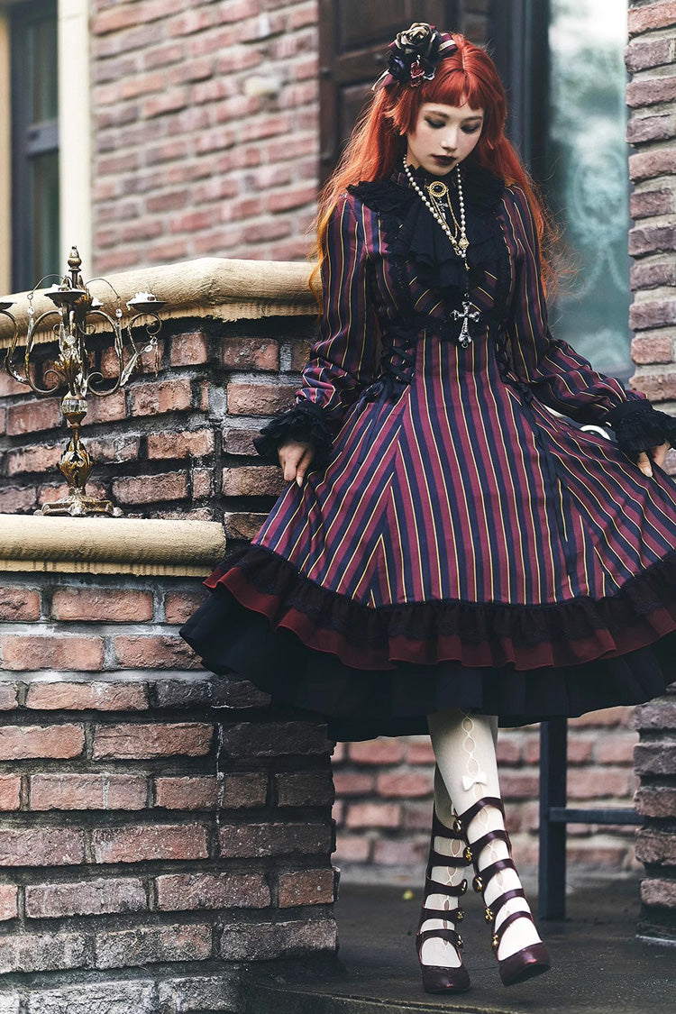 Point Manor Stand Collar Long Sleeves Multi-layer Striped Print Ruffle Gothic Lolita Dress 4 Colors