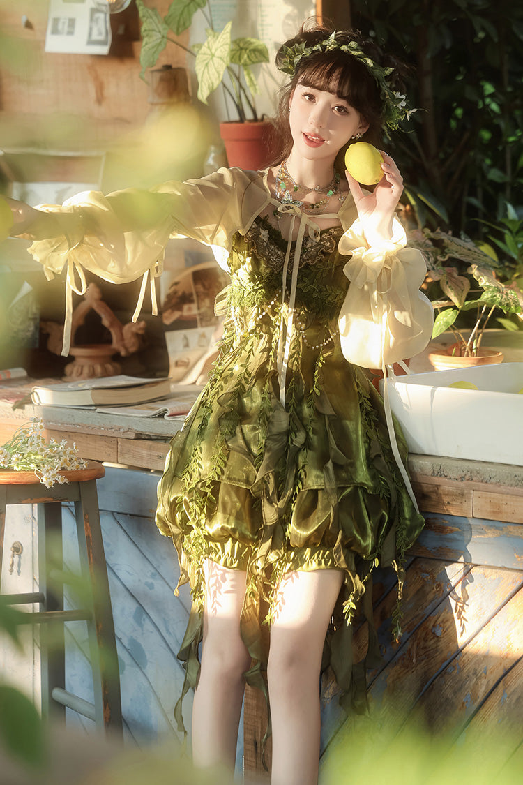 Green [Children of the Forest] Leaf Decoration Ruffle Irregular Sweet Lolita Jsk Dress Set