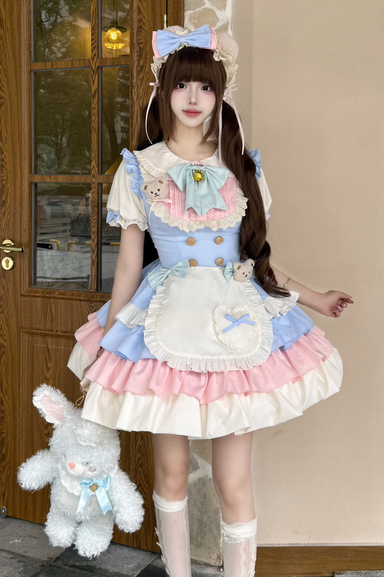 Blue/Pink [Cream Puffs] Short Puff Sleeves Triple-Layered Ruffle Bowknot Sweet Lolita Dress