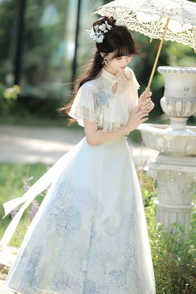 Robe Lolita élégante de style chinois doux avec manches courtes imprimées, volants en dentelle et message d'hortensia blanc 
