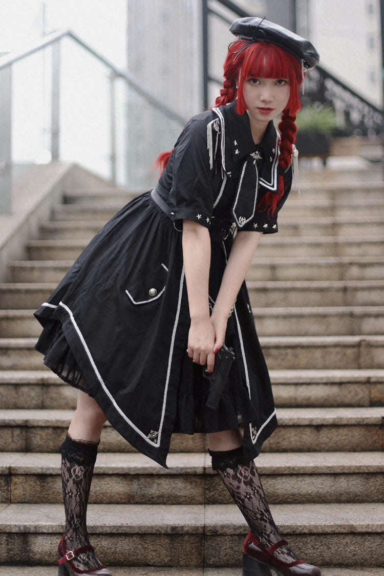 Schwarzer [Sunset Universe] Kurzarm-Cardigan Spitze Gothic Militärischer Schicker Lolita-Kleid Komplettset 
