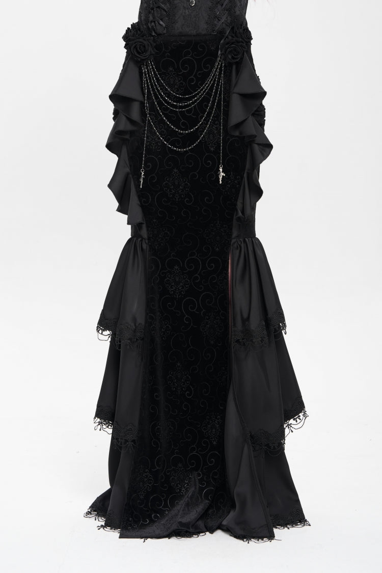 Black Floral Print Lace-Up Rose Chain Women's Gothic Fishtail Skirt