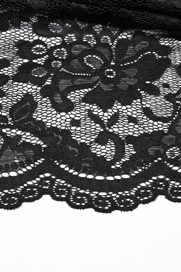 ブラック刺繍スプリットレース女性用ゴシックスカート（スタッドチェーン付き） 