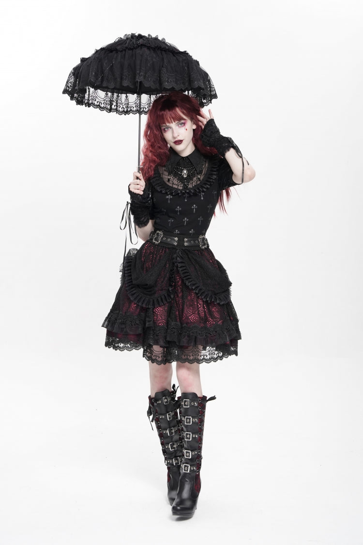 Black/Red Multi-Layered Ruffle Buckle Straps Women's Gothic Skirt