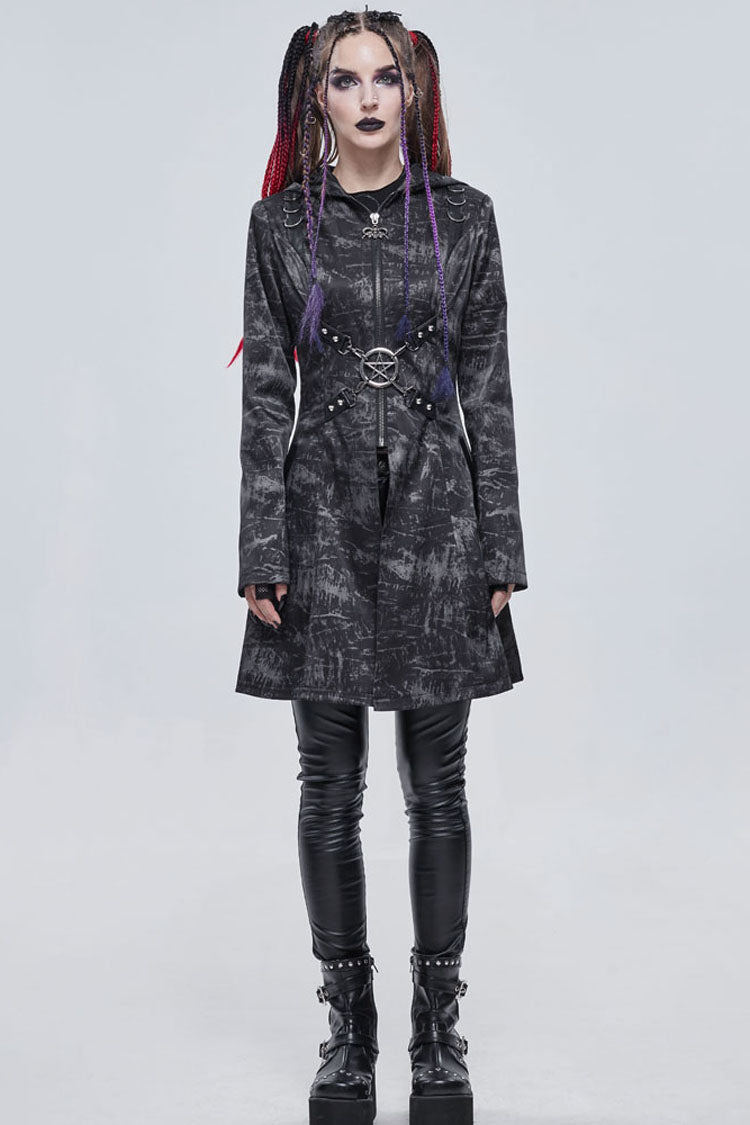 Gray Punk Pattern Pentagram Shape Design Metal D-Shaped Buckle Decoration Hooded Women's Coat