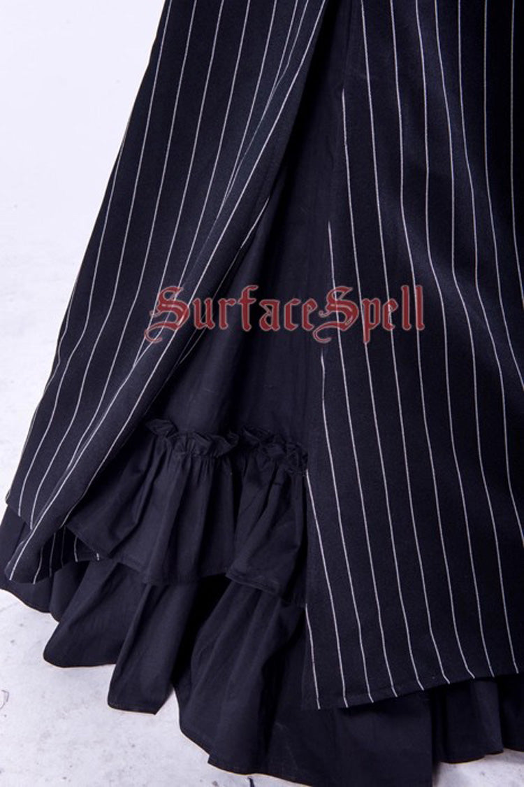 Black [Lorelei] Double-Layered Striped Print Ruffle Gothic Elegant Lolita Mermaid Maxi Skirt