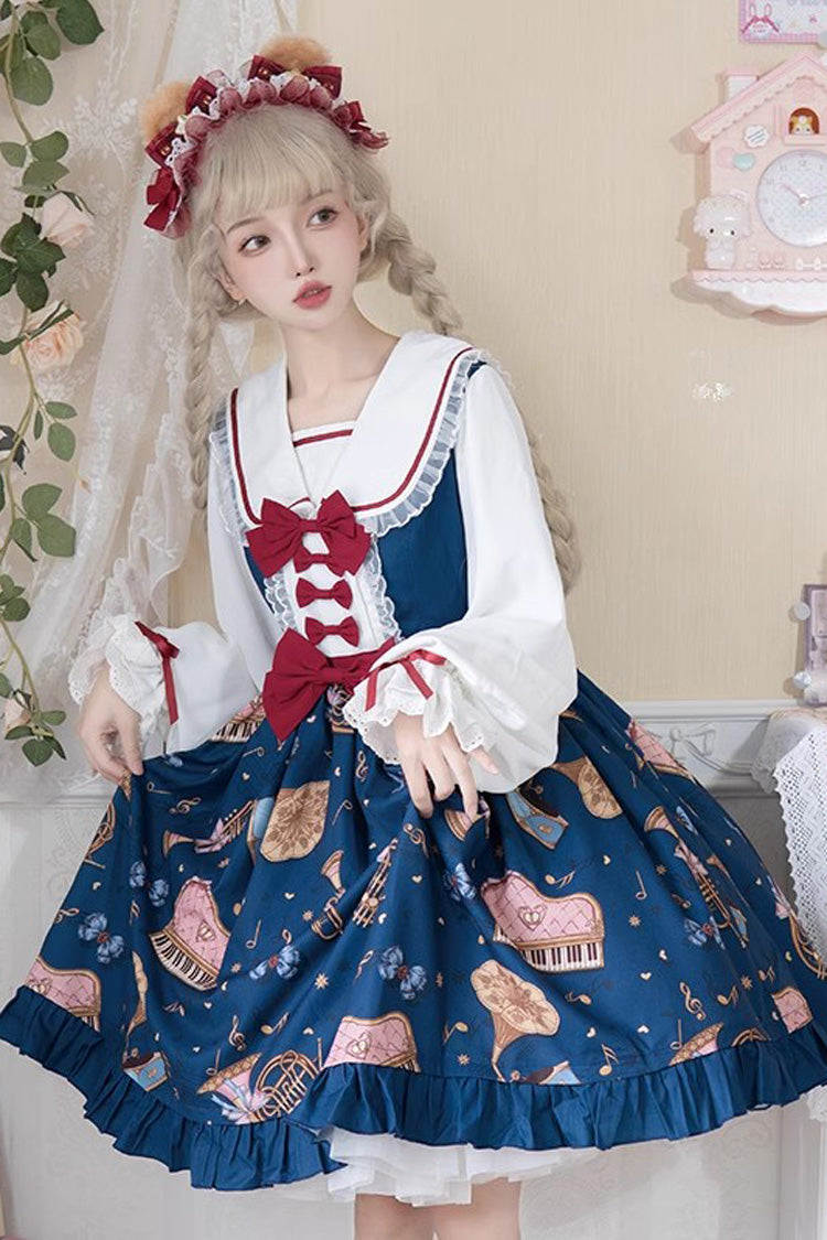 [Bärenband] Langärmliges Print Rüschen Schleife Spitze Süß Elegantes Prinzessin Lolita Kleid 3 Farben 