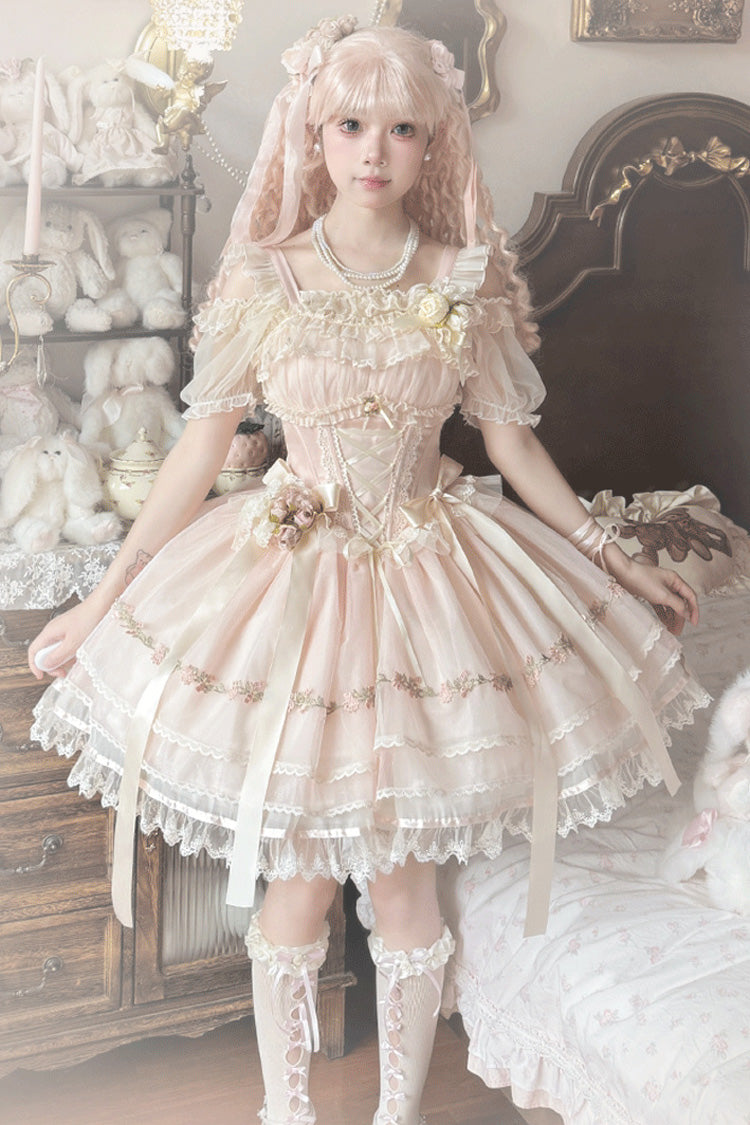 [Mist Champagne] Multi-Layered Ruffle Bowknot Lace Sweet Elegant Ballet Lolita Jsk Dress 3 Colors