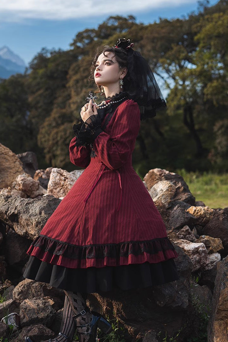 Point Manor Solid Color Stand Collar Long Sleeves Multi-layer Ruffle Gothic Lolita Dress 5 Colors
