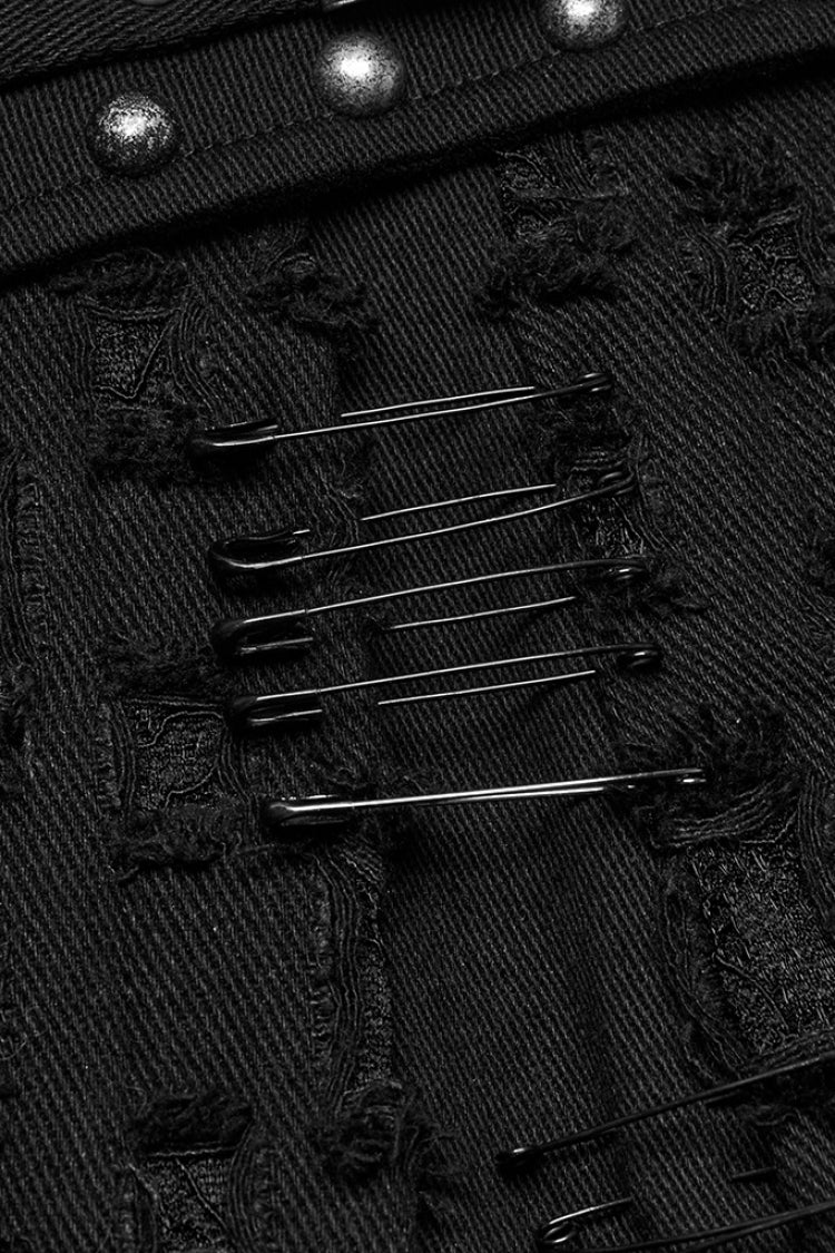 Jupe en jean punk asymétrique déchirée noire avec clous pour femme 