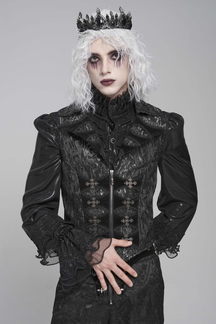 Black V Collar Long Trumpet Sleeves Printed Embroidered Slim Fit Zippered Men's Gothic Prince Luxurious Royal Vest