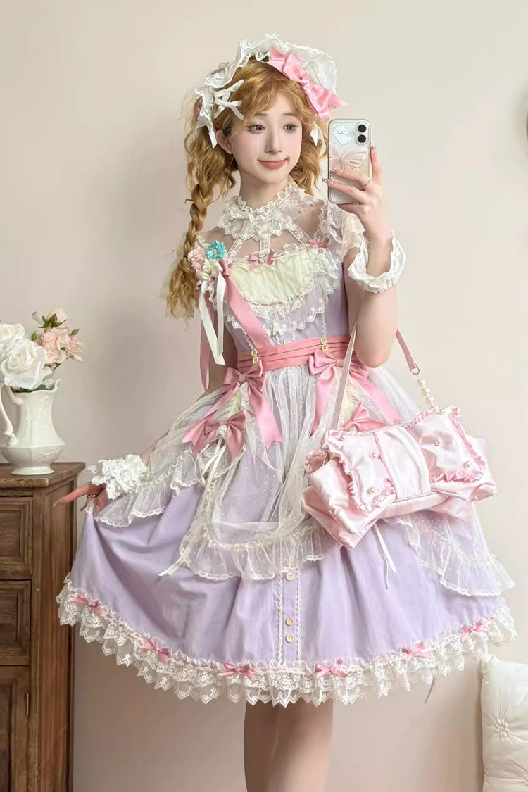 Purple [Sakura’s Spring Resonance] Sleeveless Ruffled Bow Sweet Lolita Jsk Dress (Short Version)