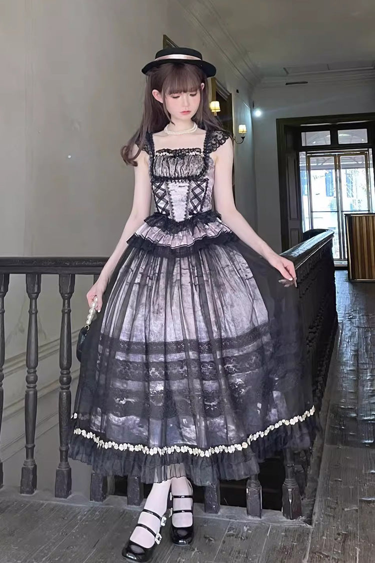 Grey/Pink [Mist-shrouded Vineyard] Sleeveless Ruffle Bowknot Lace-Up Sweet Lolita Jsk Skirt Dress Set
