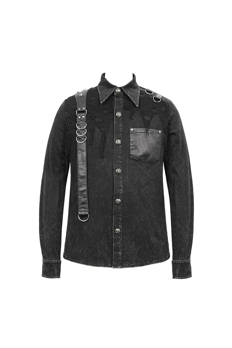 Black Asymmetric Left Shoulder Loop Mesh Rivet Snap Button Men's Punk Shirt