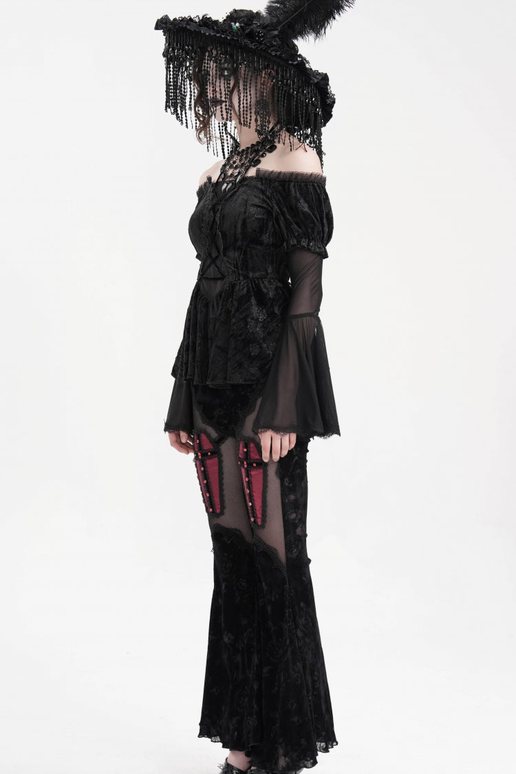 Black Halterneck Long Sleeves Hollow Lace-Up Mesh Women's Gothic Blouse