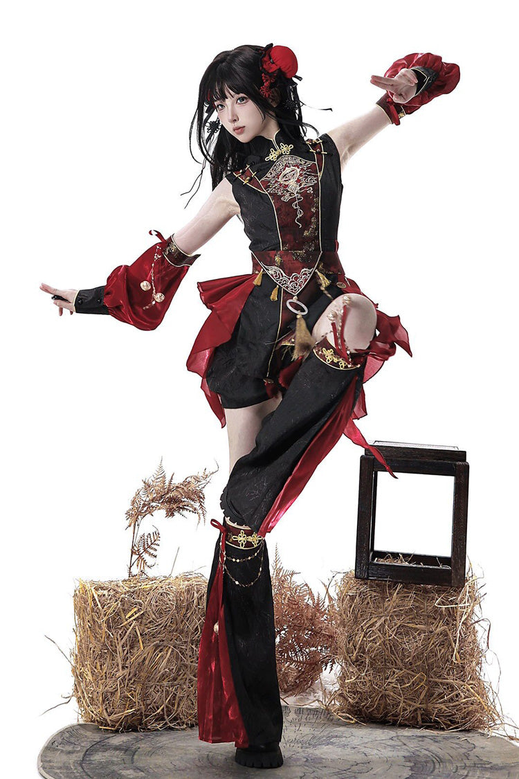 Black/Red [Demon Hunter] Stand Collar Sleeveless Embroidered Gothic Chinese Inspired Cool Ouji Hanfu Set