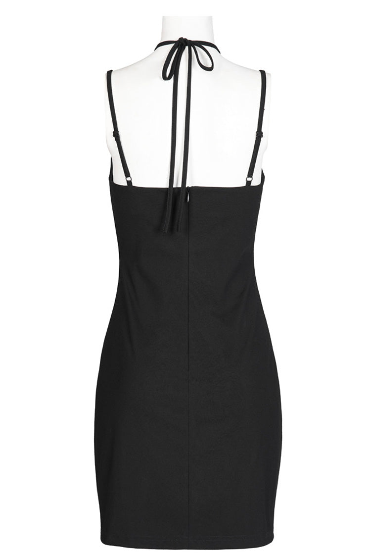 Black Knitted Stretch Hollow-Carved Design Drawstring Bodycon Shoulder Strap Halter Neck Women's Punk Dress