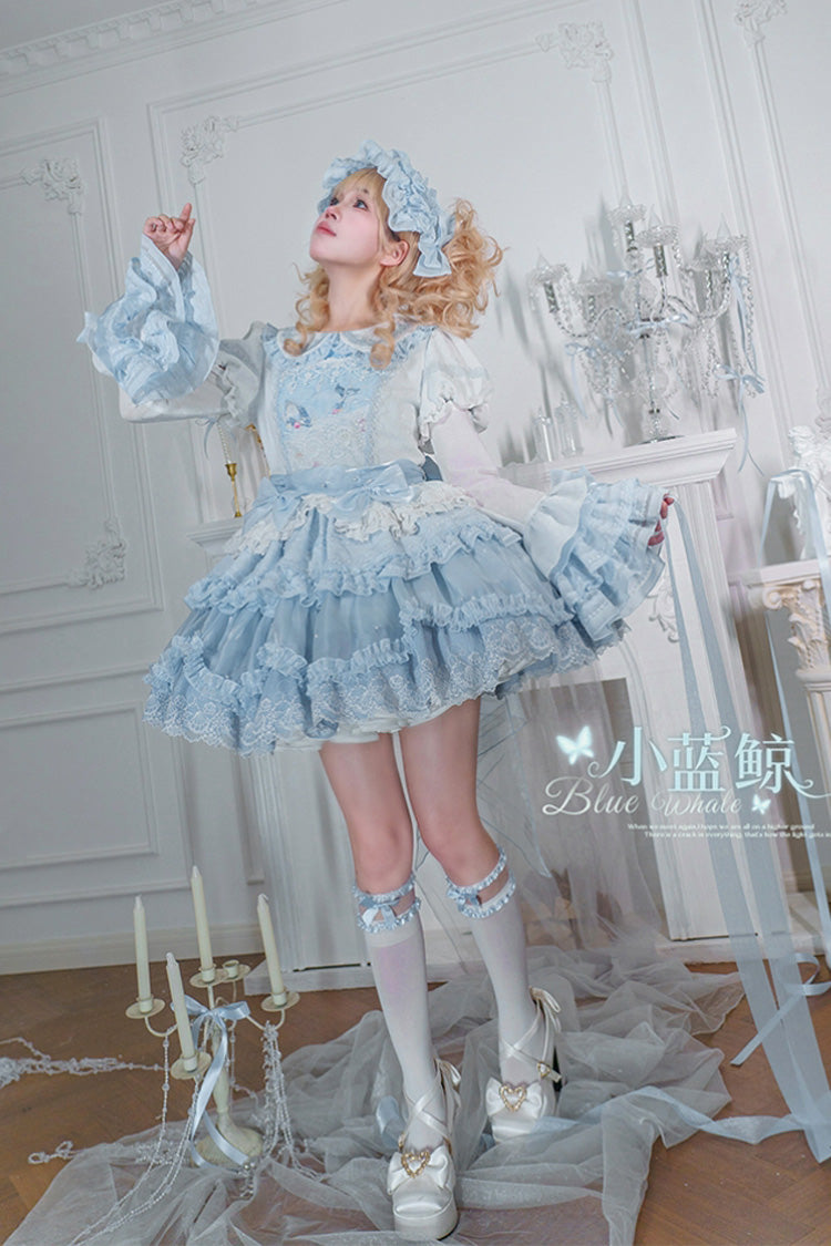 Robe Lolita douce à volants triples brodés à manches courtes avec col à revers bleu [baleine] 