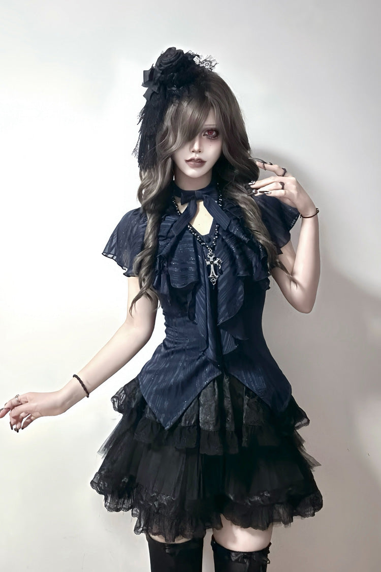 Blue Ruffled Bow Gothic Japanese Lolita Blouse