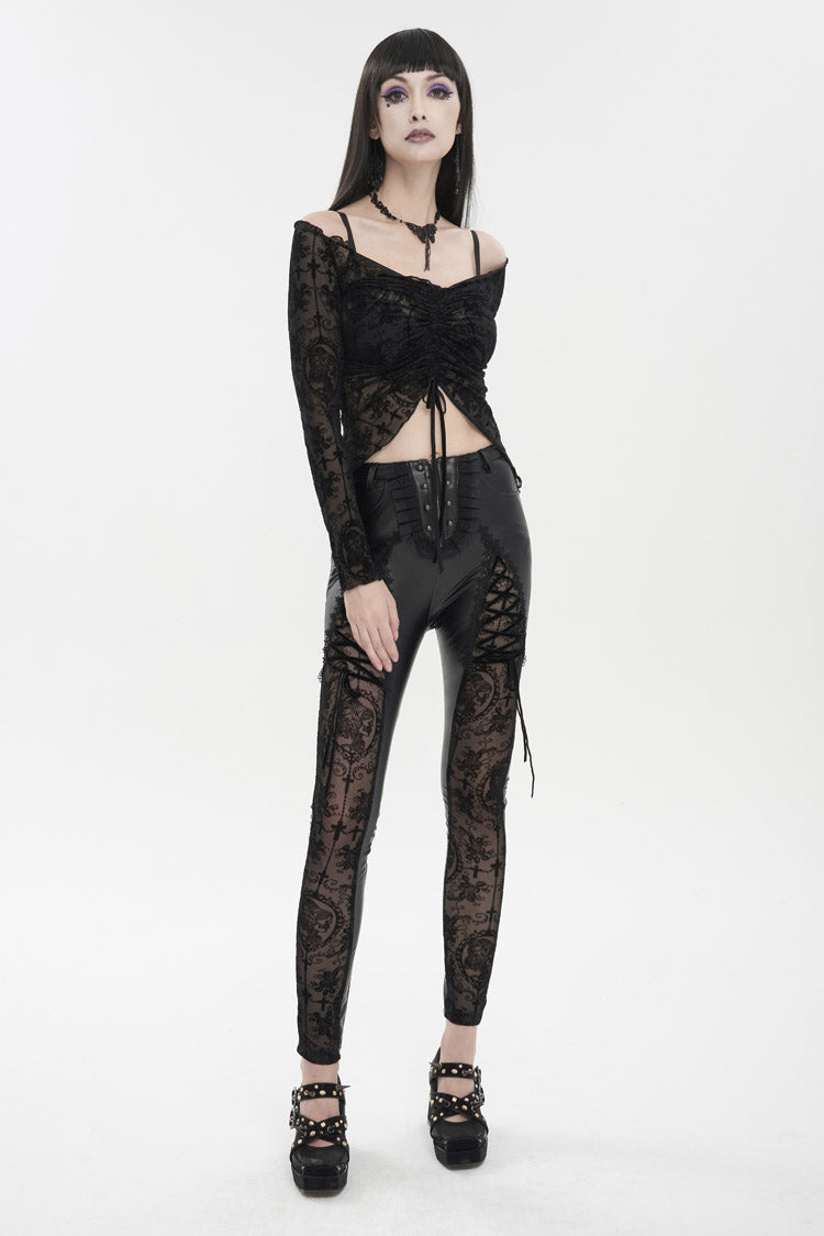 Black Flocked Stretch Slim Thigh Lace String Adjustable Women's Gothic Leggings