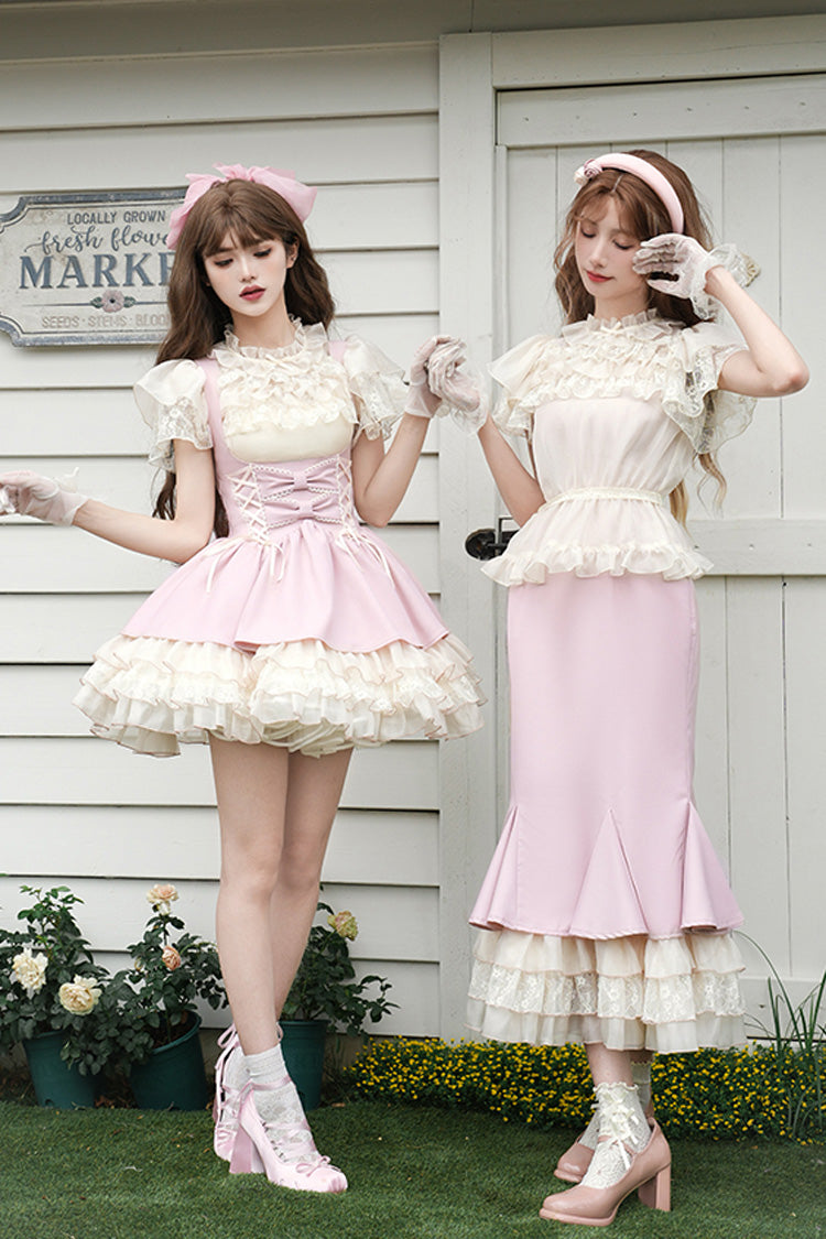 Robe Bustier Sweet Lolita Jsk à Volants Multicouches avec Nœud Papillon et Lacets [Love Diary] Rose 