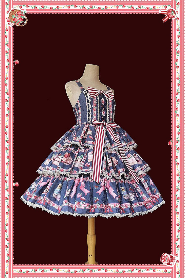 Strawberry Afternoon Tea Cake Ice Cream Print Bowknot Sleeveless Sweet Lolita Tiered Dress 3 Colors