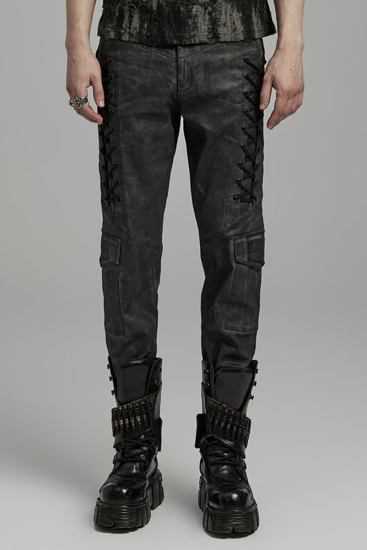 Black Lace-Up Straps  Big-pocket Men's Punk Pants