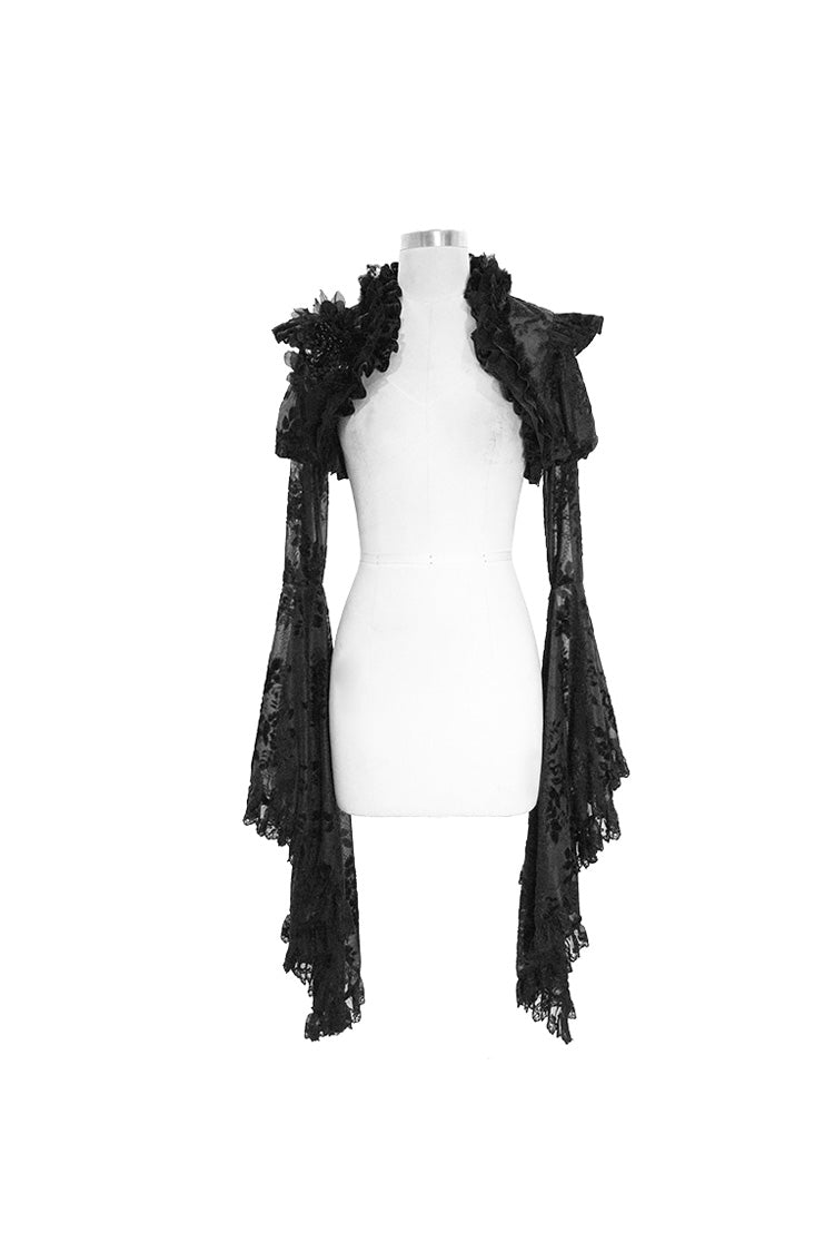 Schwarzer transparenter Spitzenbesatz, große Trompetenärmel, 3D-Blume, Kaninchenfell, Spitze, Gothic-Schal für Damen