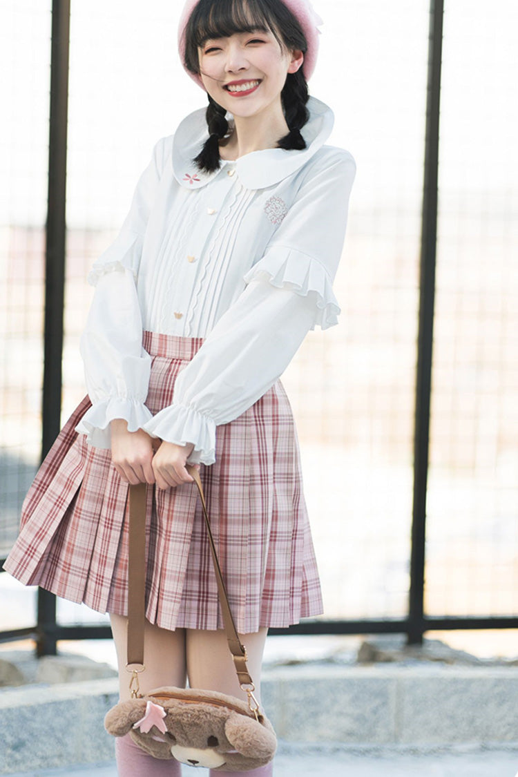 Pink College Style Plaid Stripe Print Sweet Japanese School Pleated Skirt