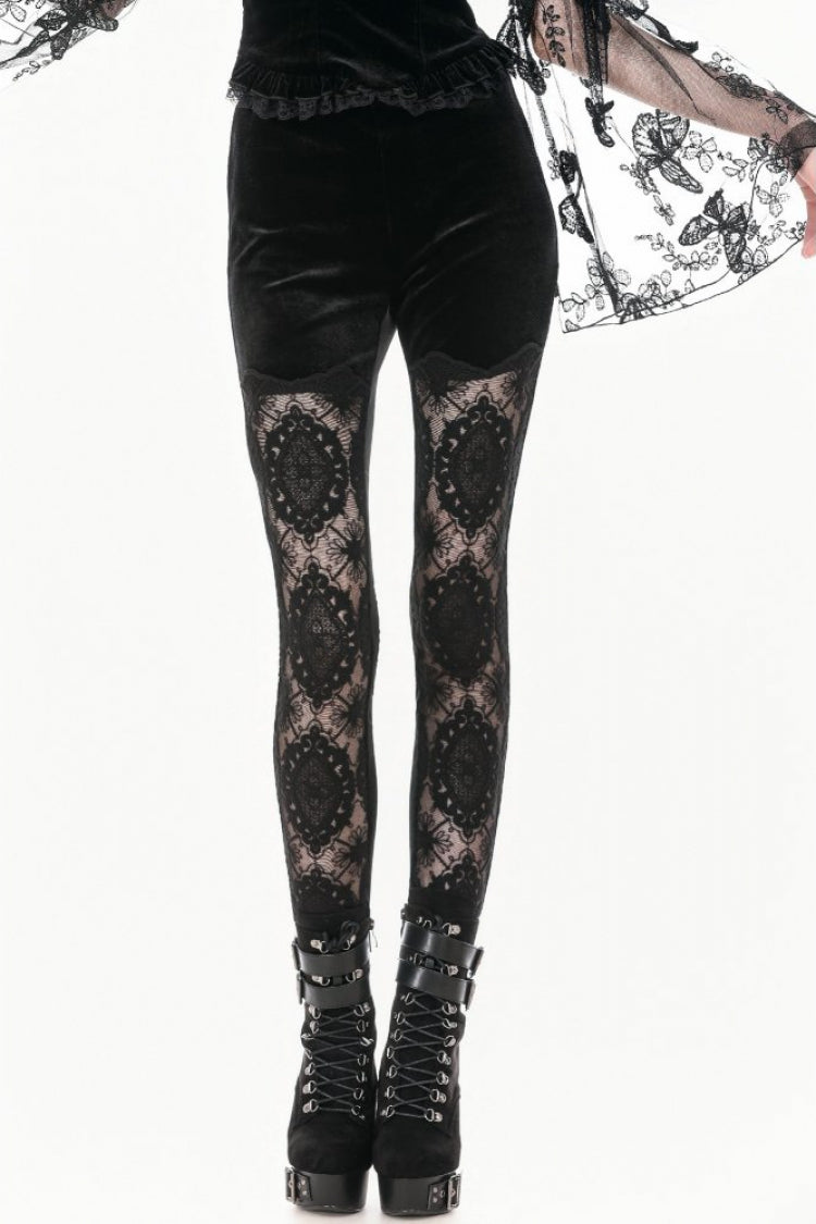 Schwarze Damen-Gothic-Retro-gestickte, transparente, schmale Patchwork-Leggings mit Spitze