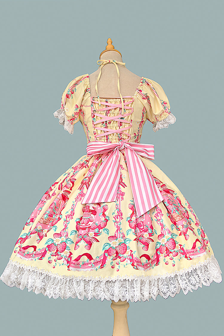 [Strawberry Chef] Short Sleeves Print Bowknot Lace Sweet Lolita Dress 4 Colors