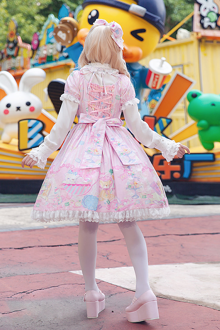 [Macaron Dolly House] Robe Lolita douce à col Claudine, manches courtes, imprimé nœud papillon, 3 couleurs 