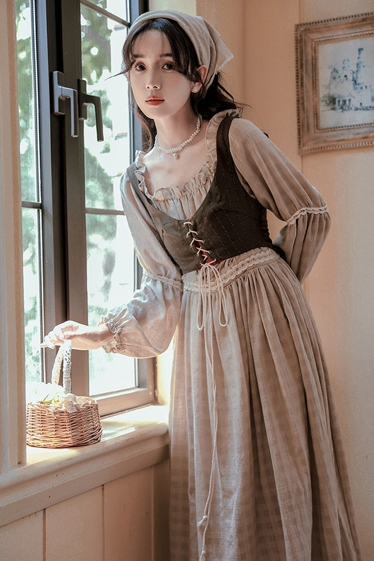 Khakifarbenes, bedrucktes, klassisches Vintage-Lolita-Kleid im französischen Stil mit rundem Kragen und langen Ärmeln