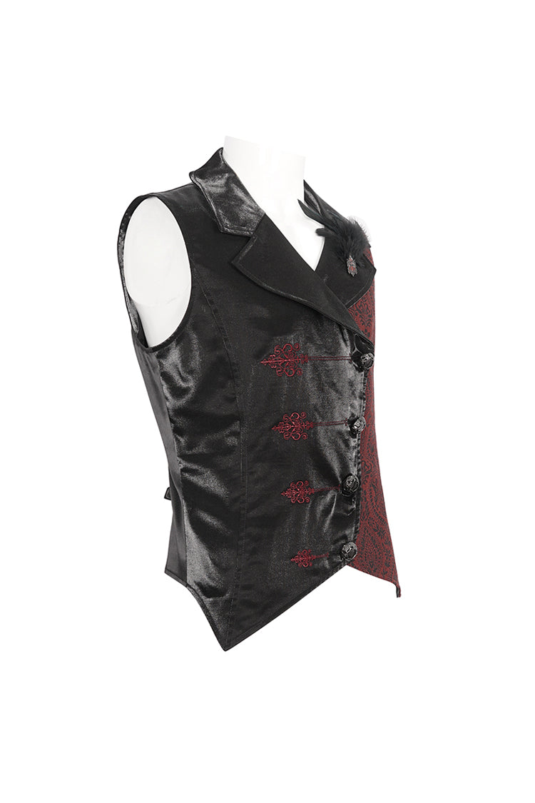 Black/Red Embossed Feather Men's Gothic Waistcoat