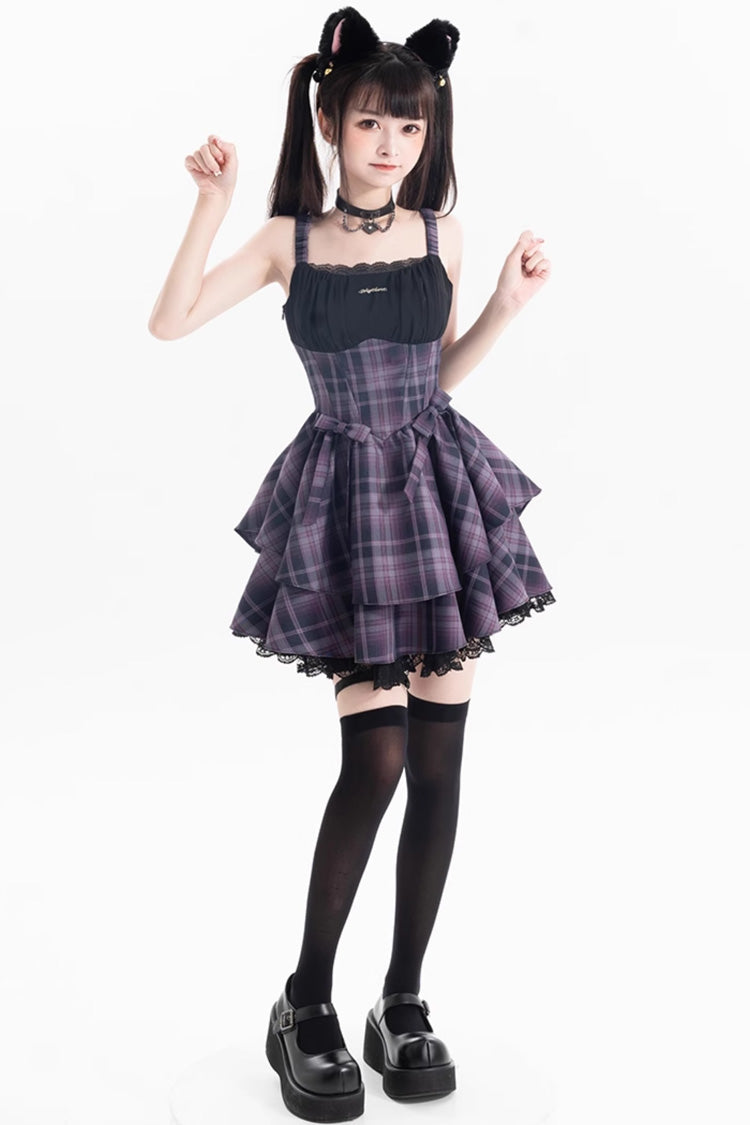 Purple [Magic Cat] Double-Layered Stripe Print Bowknot Sweet Lolita Jumper Dress
