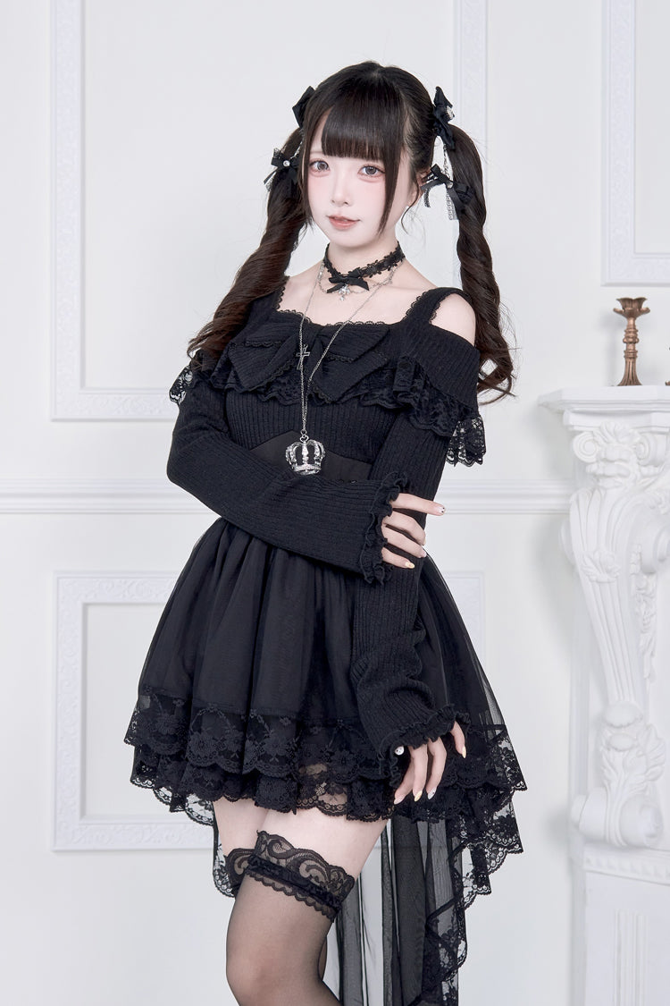 Jirai Kei Fake Two Pieces Off Shoulder Long Sleeves Ruffle Bowknot Lace Gothic Dress 2 Colors