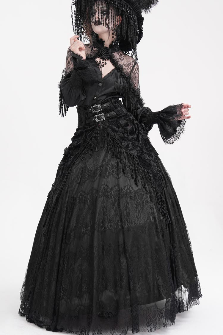 ブラックプリント刺繍タッセルバックルアップレースアップレディースゴシックロングスカート