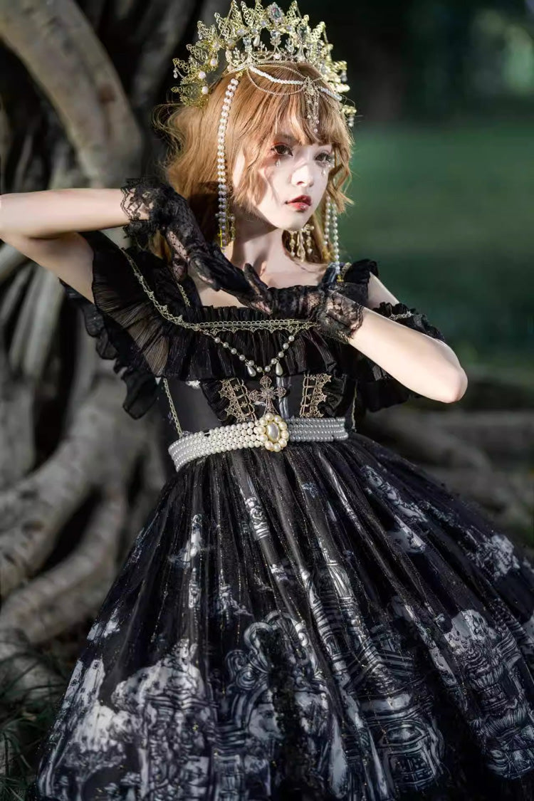 Black [Castle Feast] Print Ruffle Bowknot Gothic Princess Lolita Jsk Dress