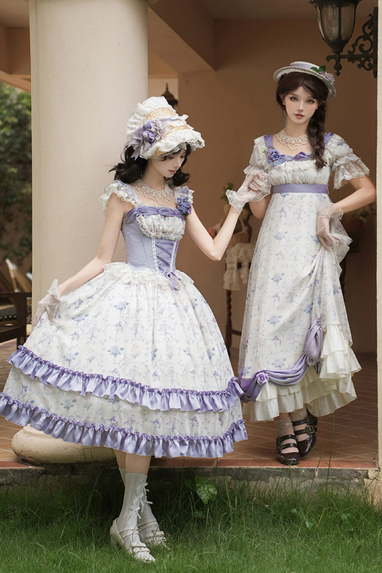 Purple/Ivory [Iris Secrets] Short Sleeves Double-Layered Print Ruffle Bowknot Lace-Up Sweet Lolita Dress