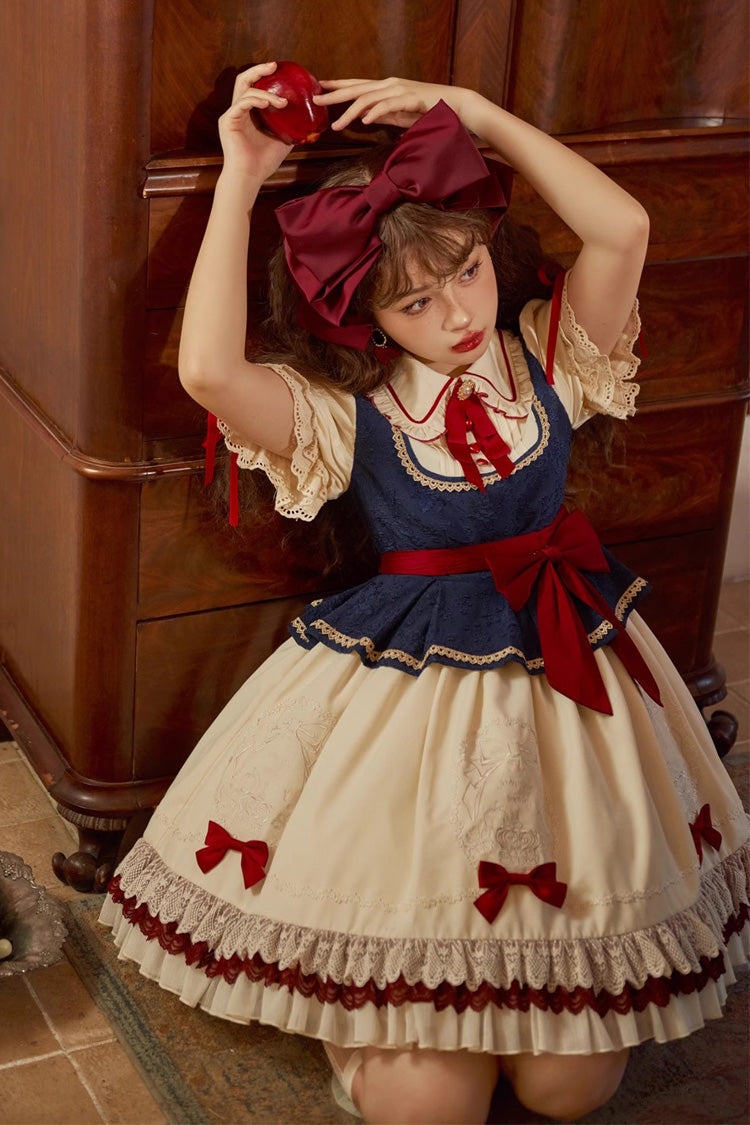 Multi-Color Snow White Lapel Collar Ruffle Short Sleeves Sweet Lolita Dress