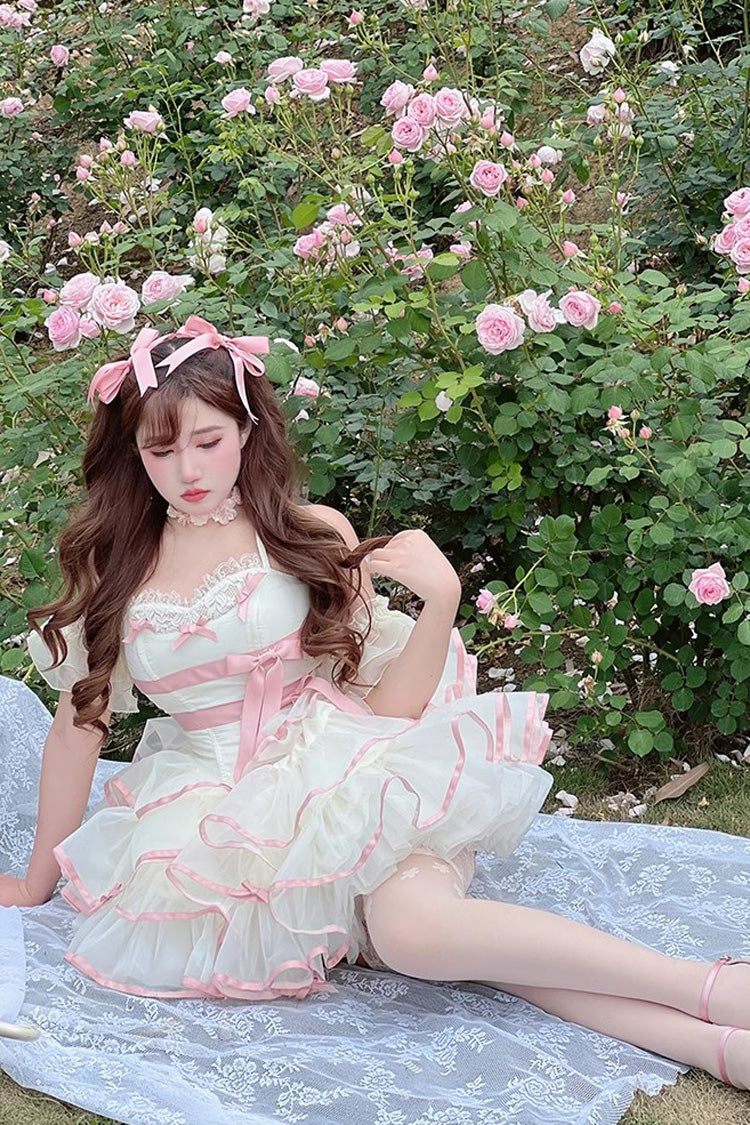 Pink/Beige Ballerina Style Bowknot Slim Fluffy Princess Sweet Lolita Tiered Dress
