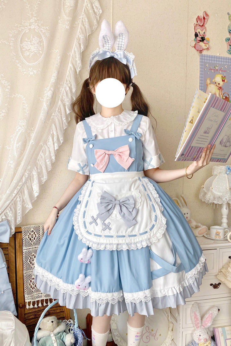 Blue [Picnic Rabbit] Ruffle Bowknot Lace Daily Sweet Lolita Jsk Dress Set