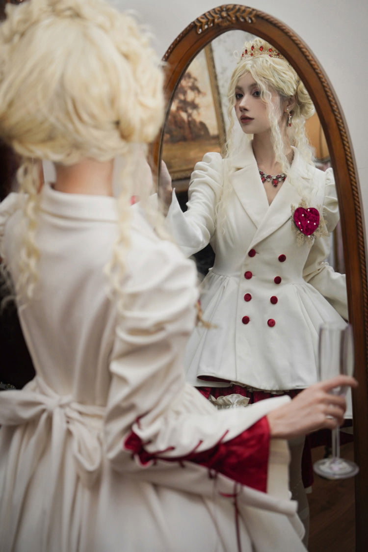 Weißer zweireihiger unregelmäßiger Gothic-Lolita-Mantel mit kurzer Vorderseite und langer Rückseite
