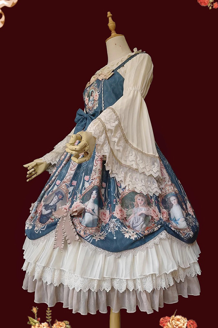 [Portrait of A Little Lady] Print Ruffle Bowknot Lace Classic Vintage Elegant Lolita Jsk Dress 3 Colors