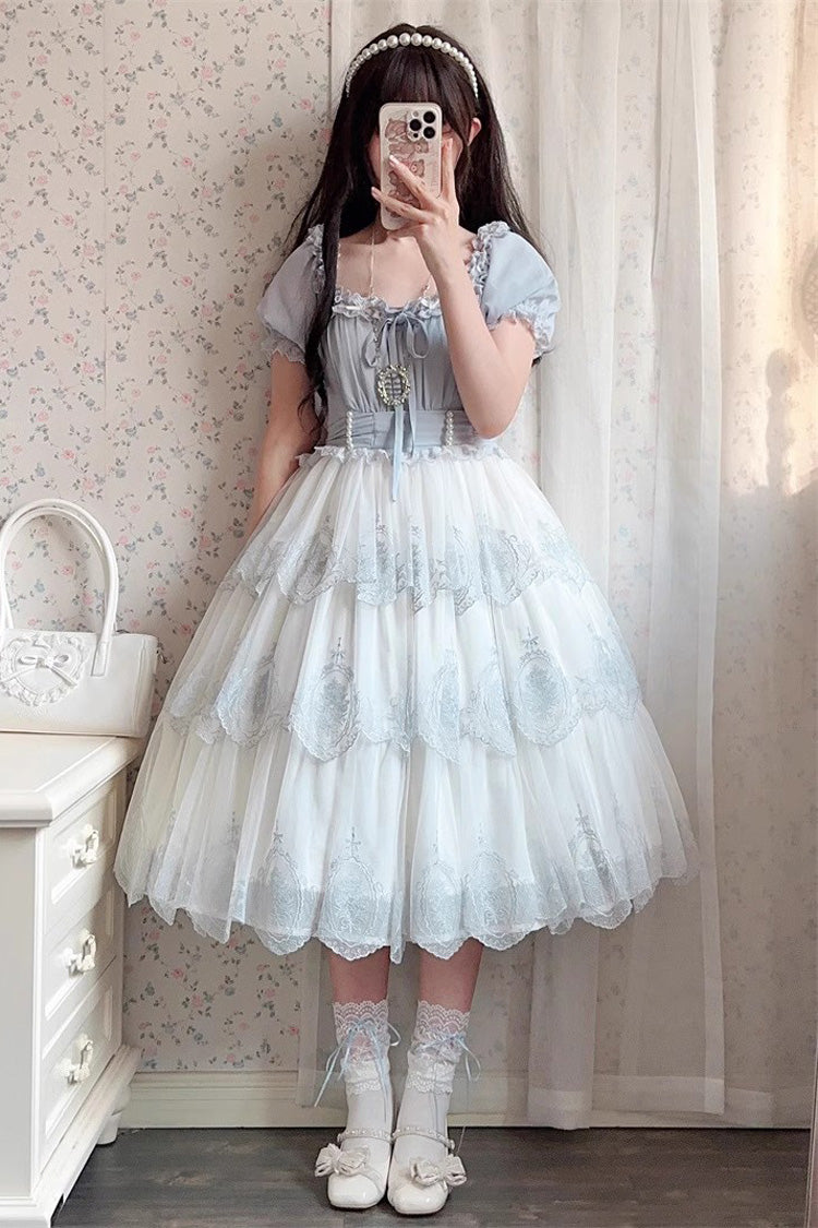 Light Blue Flower Promise Short Sleeves Multi-layer Print Sweet Elegant Princess Lolita Dress