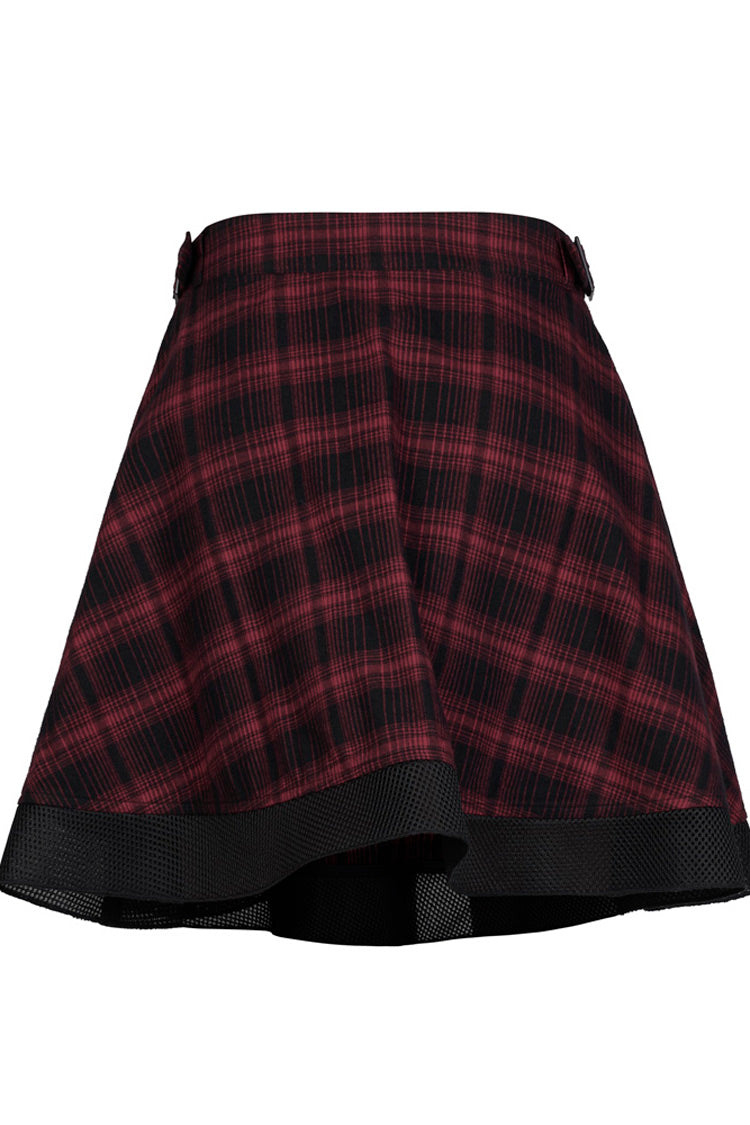 Red Chiffon Plaid Large-Hole Mesh Stitching V-Word Segmentation Design Sun-Hem Women's Punk Skirt