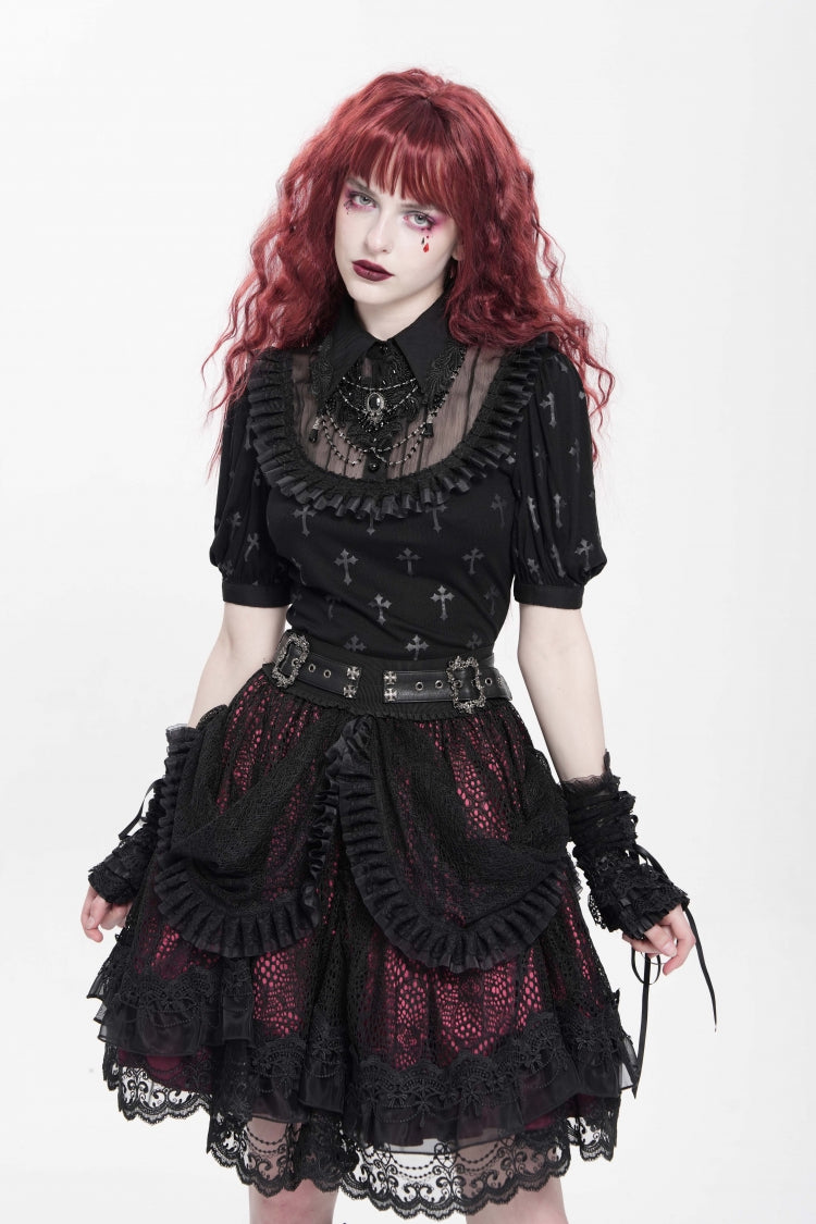 Black/Red Multi-Layered Ruffle Buckle Straps Women's Gothic Skirt