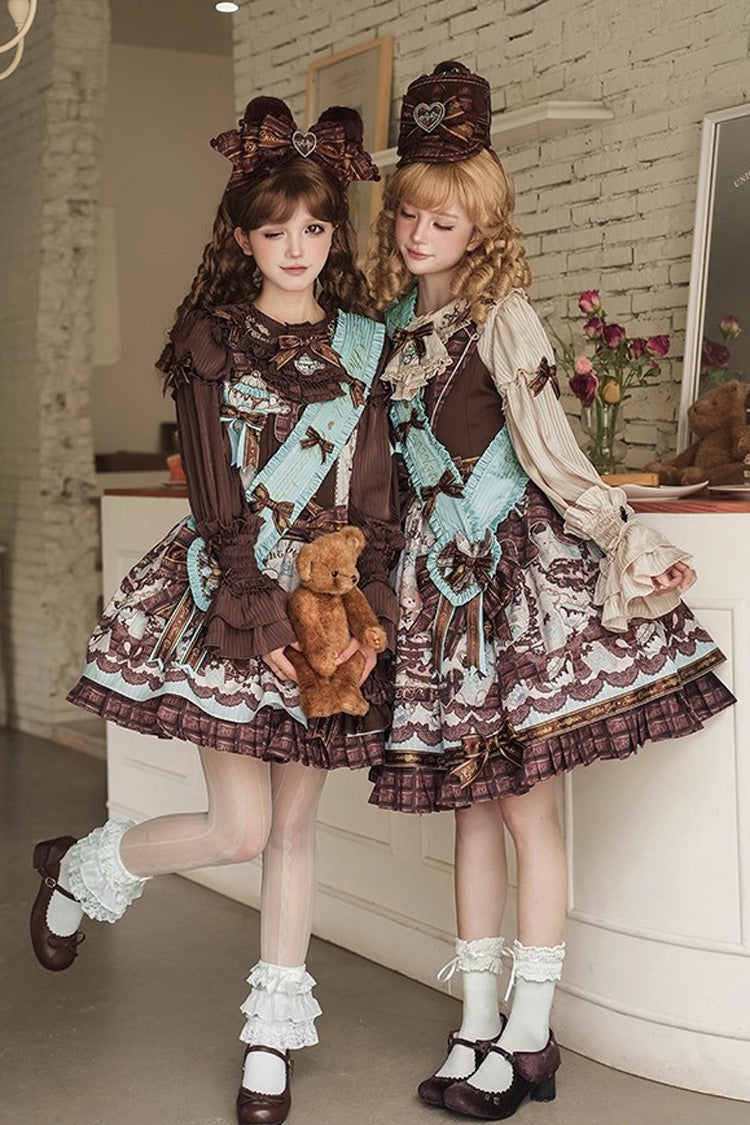 [Teddy Bear Chocolate] Round Collar Long Trumpet Sleeves Ruffle Bowknot Sweet Lolita Blouse 3 Colors