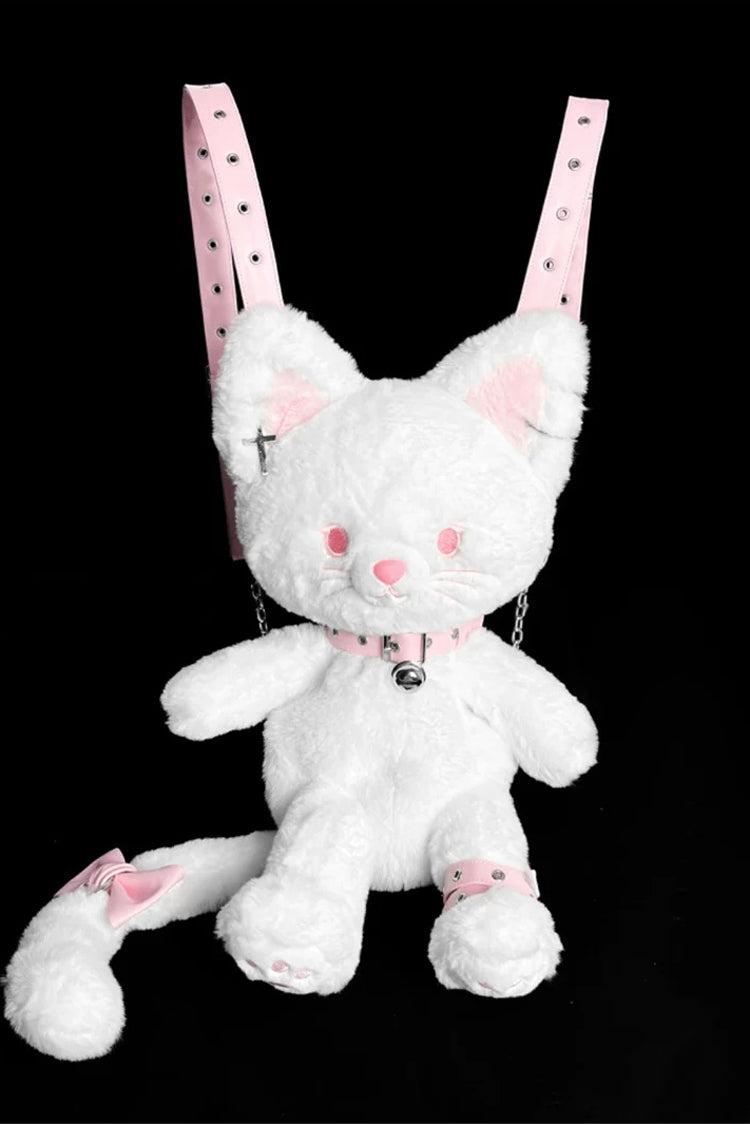 White/Pink Angel Kitty Harness Bell Collar Cross Earring Bow Tail Lolita Punk Plush Backpack